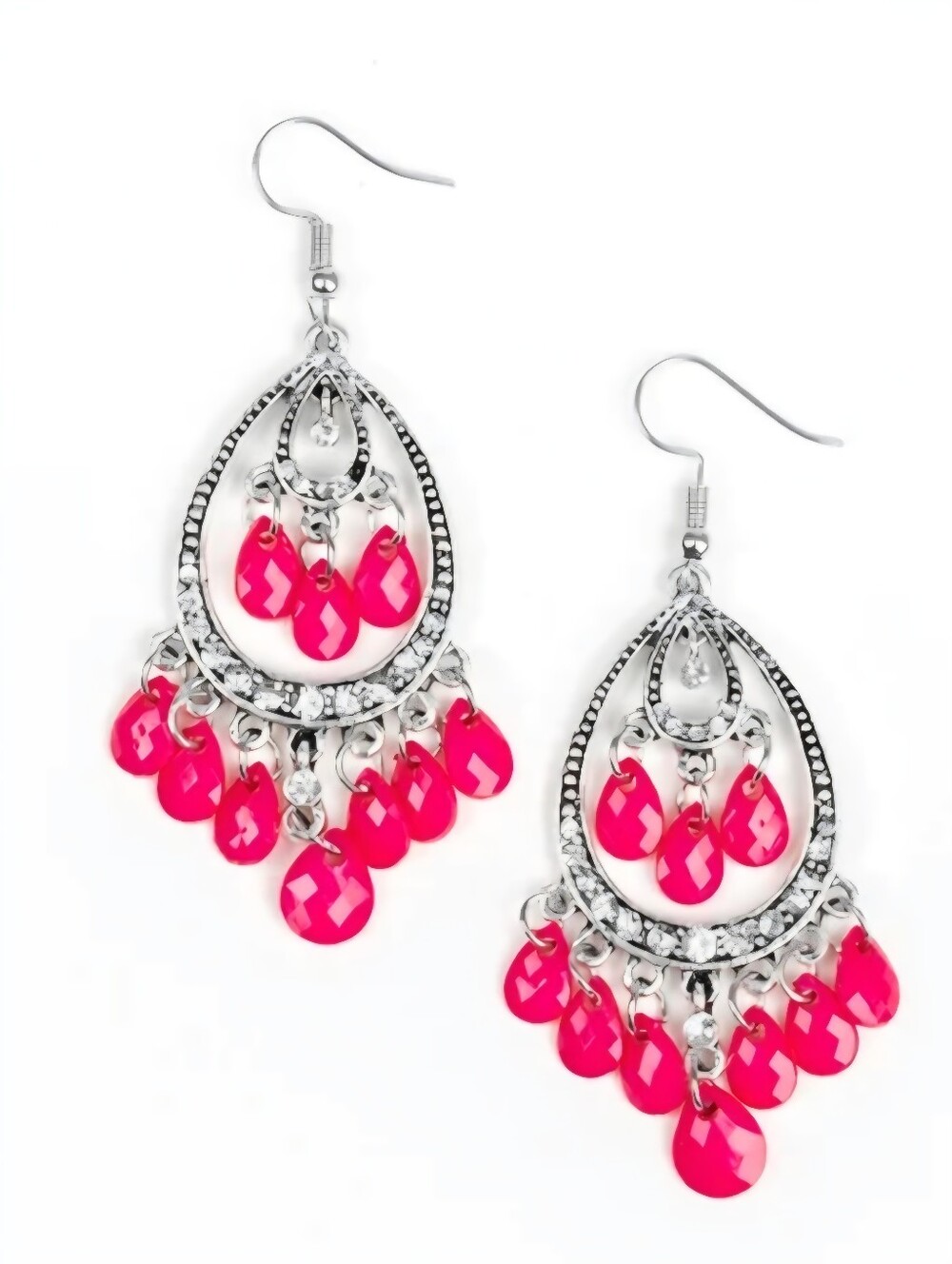 Silver Chandelier Earrings Fushia Pink Beaded Bollywood Boho Fashion Jewelry